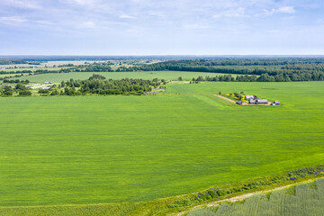 Fototapeta na wymiar countryside view from above with cultivated fields and farm in summer day under blue sky. aerial photo