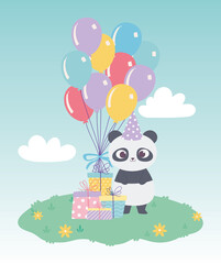Obraz na płótnie Canvas happy birthday, cute little panda with gift boxes and balloons celebration decoration cartoon