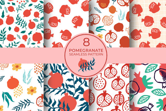 Pomegranate seamless pattern set with leaves, flower. Floral vector illustration of abstract doodle and scandinavian fruits. Garnet armenian pattern collection. The elegant template for fashion print.