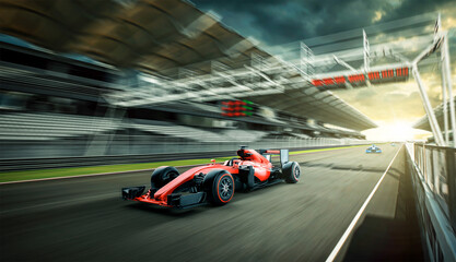 Race driver pass the finishing point and motion blur background. 3D rendering and mixed media...