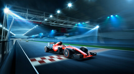 Race driver pass the finishing point and motion blur race track background. 3D rendering and mixed...