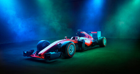 Race car with illuminated light. 3D rendering and mixed media composition.