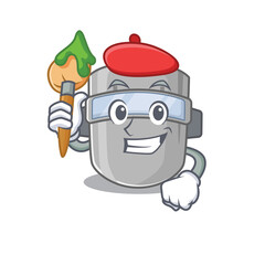 An artistic welding mask artist mascot design paint using a brush