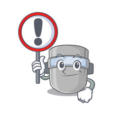A cartoon icon of welding mask with a exclamation sign board