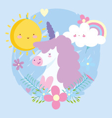 little unicorn rainbow flowers sun cloud fantasy magic animal cartoon