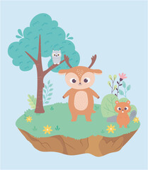 cute little deer and beaver on grass with flowers and tree cartoon