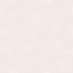 Vector seamless pattern with white outlined roses and light pink background