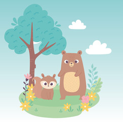 cute little squirrel and bear on grass with flowers and tree cartoon
