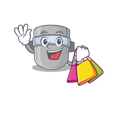 wealthy welding mask cartoon character with shopping bags