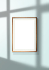 vertical poster mock up with wood frame on wall and window shadow with clipping path.