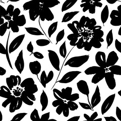 Naadloos bloemen vectorpatroon met pioenrozen, rozen, anemonen. Hand getekende zwarte verf illustratie met abstract bloemenmotief. Grafisch hand getekend botanisch penseelstreekpatroon. Bladeren en bloemen.