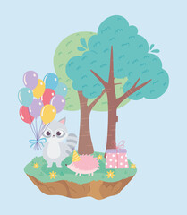 happy birthday, cute raccoon hedgehog gift box and balloons celebration decoration cartoon