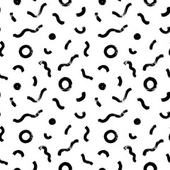 Geometric vector seamless pattern in Memphis style. Grunge brush stroke wavy lines and circles. Hand drawn ink illustration with bold curved lines. Hipster black paint geometric background. 