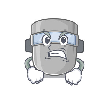 A cartoon picture of welding mask showing an angry face