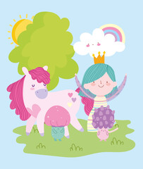 cute little fairy princess with magic unicorn mushroom and rainbow tale cartoon