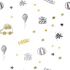 Dark Red, Yellow vector seamless pattern in christmas style. Design in xmas style with a toy car, baloon, candy, star, ball. Pattern for birthday gifts.