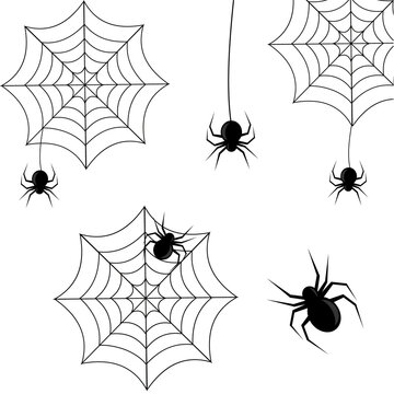 set of spiders on a web in black on a white background for Halloween, vector illustration, design, decoration