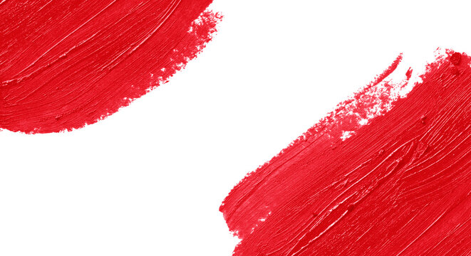 Lipstick strokes isolated on white background. Red makeup cream smear smudge swatch border