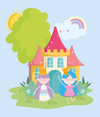 Obraz na płótnie Canvas happy cute little fairies princess with crowns and castle tale cartoon