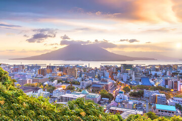 Kagoshima city downtown skyline cityscape  with Sakurajima Volcano in Kyushu, Japan