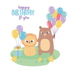 Obraz na płótnie Canvas happy birthday, cute little lion bear with gift and balloons celebration decoration cartoon
