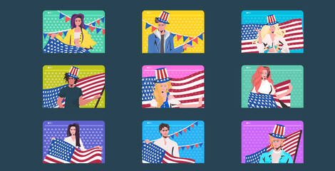 set mix race people in festive hats with usa flags celebrating 4th of july american independence day concept web browser windows collection horizontal vector illustration