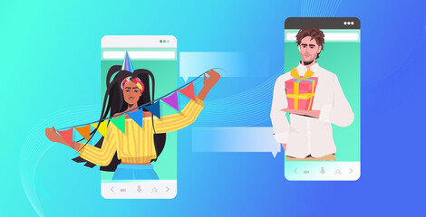 couple celebrating online party friends having virtual fun celebration concept man woman discussing during video call in smartphone screens horizontal portrait vector illustration