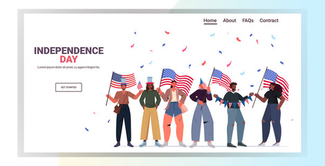 mix race people in festive hats holding usa flags celebrating 4th of july american independence day concept full length isolated horizontal copy space vector illustration