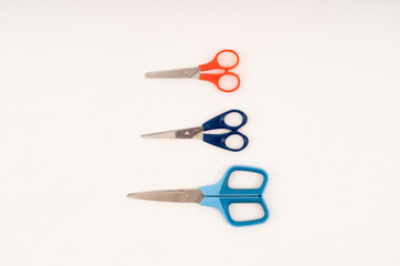 scissor with plastic handle on white background.