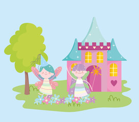 Obraz na płótnie Canvas little winged fairies princess with castle flowers tale cartoon