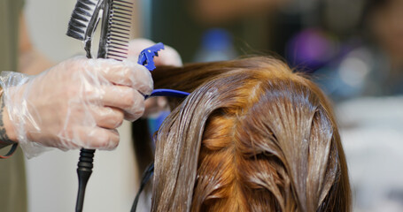 Fototapeta premium Woman with hair dye in beauty salon