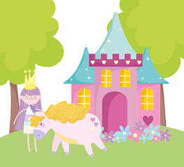 Obraz na płótnie Canvas little fairy princess with cute unicorn castle and flowers tale cartoon