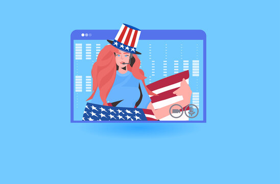 woman with usa flag making speech during video call 4th of july independence day celebration concept girl in web browser window portrait vector illustration