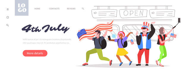 people with usa flags celebrating 4th of july american independence day celebration concept mix race friends having fun full length horizontal copy space vector illustration
