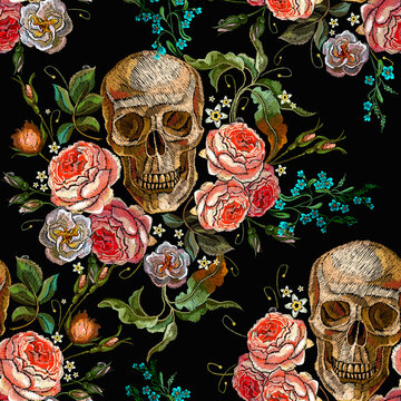 Embroidery skull and roses seamless pattern. Gothic romanntic art. Dark fairy tale clothes template and t-shirt design