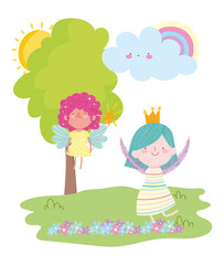 Obraz na płótnie Canvas little fairy princess with magic wand and girl with crown rainbow tale cartoon