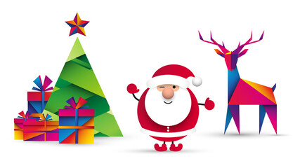 Święty Mikołaj, choinka, prezenty i renifer. Bożonarodzeniowa kartka z życzeniami wektor.	
