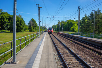 Deutschland, moderner Regio Zug, Einfahrt Station am frühen morgen, Deutsche Bahn, grüne...