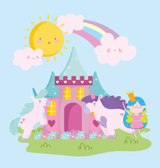Obraz na płótnie Canvas little fairy princess unicorns castle flowers rainbow tale cartoon