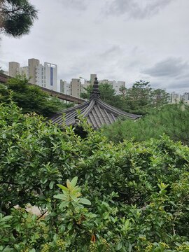 A gazabo in the park during cloudy summer day
