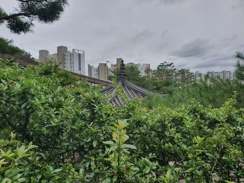 A gazabo in the park during cloudy summer day