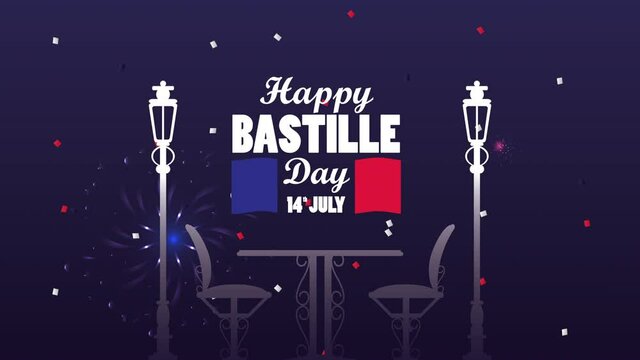 happy bastille day celebration with france flag and restaurant table