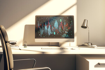 Modern computer monitor with abstract creative financial chart, research and strategy concept. 3D Rendering