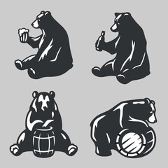 Set bear with wood barrel of beer or honey
