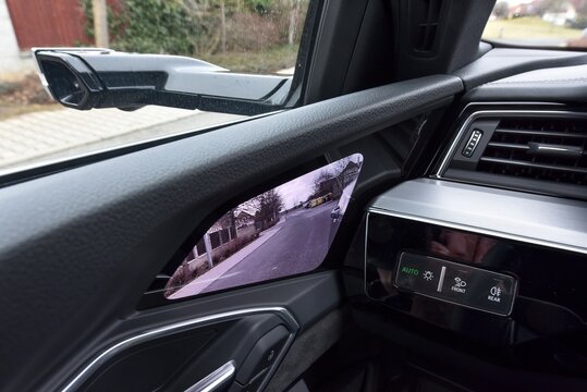 Audi e-tron. Luxury large electric car. Digital rearview mirror. 02-12-2020, Prague, Czech Republic.