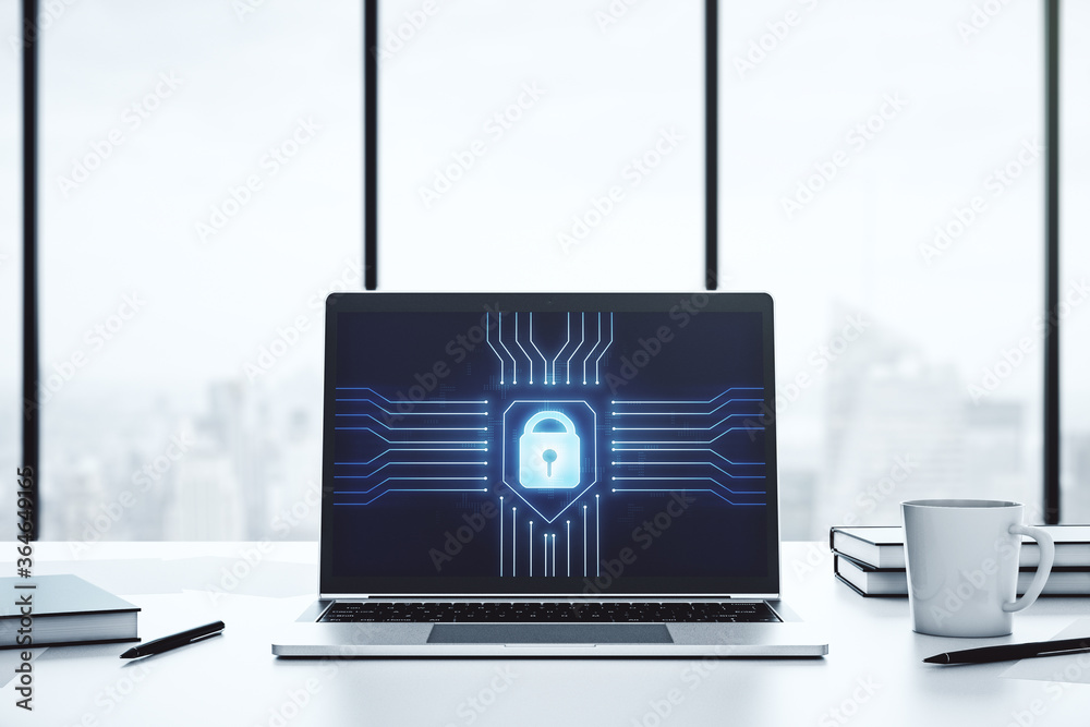 Poster Creative idea concept with lock symbol and microcircuit illustration on modern laptop screen. Protection and firewall concept. 3D Rendering