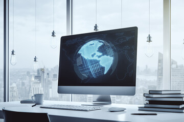 Digital America map on modern laptop screen, international trading concept. 3D Rendering