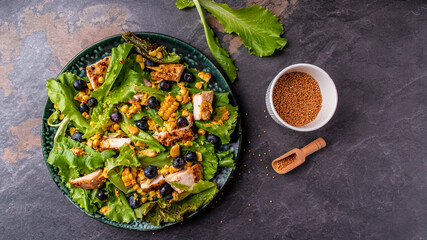 Kale salad with chicken fillet and blueberries. Long banner format, top view