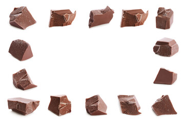 Frame made of delicious chocolate pieces on white background, top view. Space for text