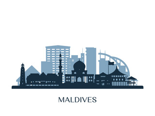 Naklejka premium Maldives skyline, monochrome silhouette. Vector illustration.